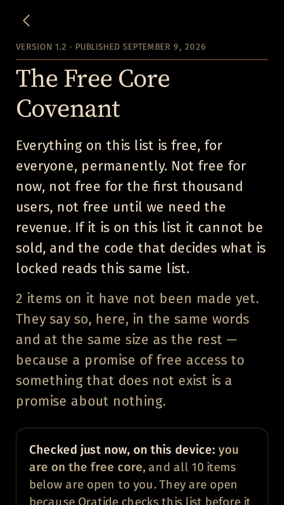 Oratide: The Free Core Covenant, in Settings, is the full list.